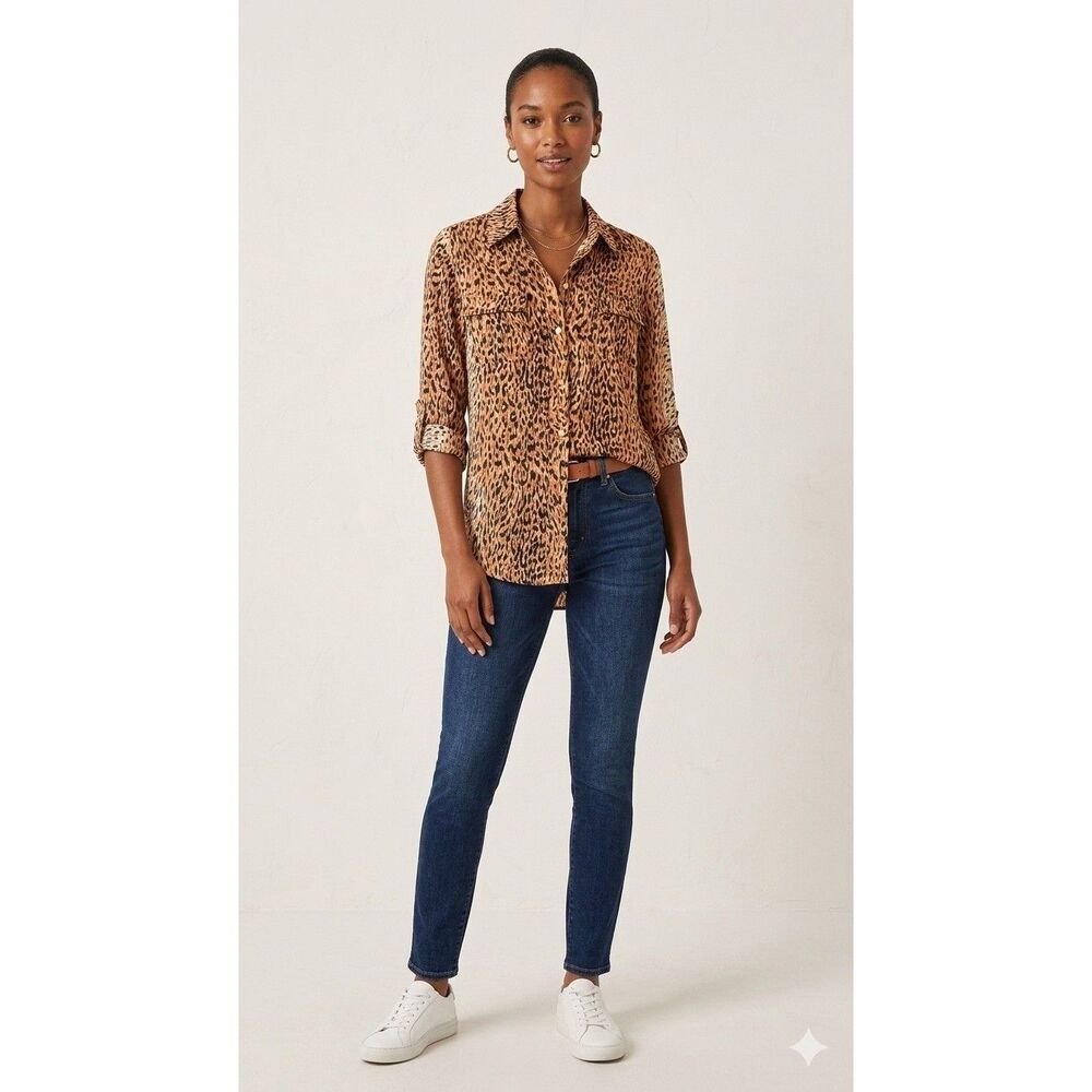 Le Superbe Leopard Print Button Down Women Size 2 Orange Brown Animal Shirt